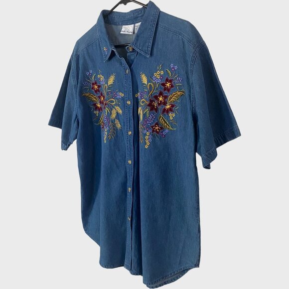 Vintage Bobbie Brooks Embroidered Floral Print Denim Button-Up Shirt Women's XL - Picture 2 of 10